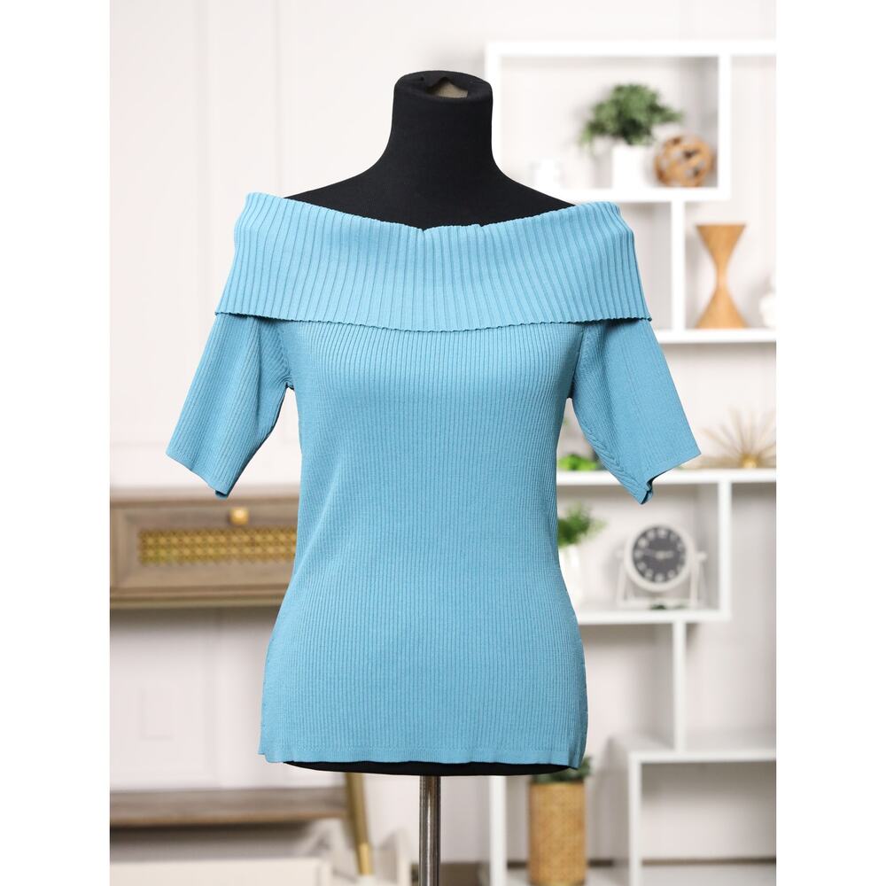 Romantic Feminine New York & Co Teal Off Shoulder Ribbed Sweater Night Out M NWT - Picture 3 of 15